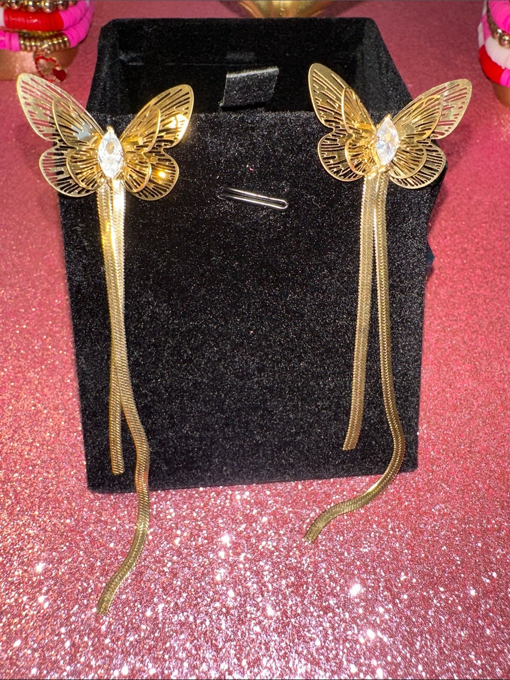 Unlisted Gold Butterfly Drop Earrings with Clear Marquise Stone